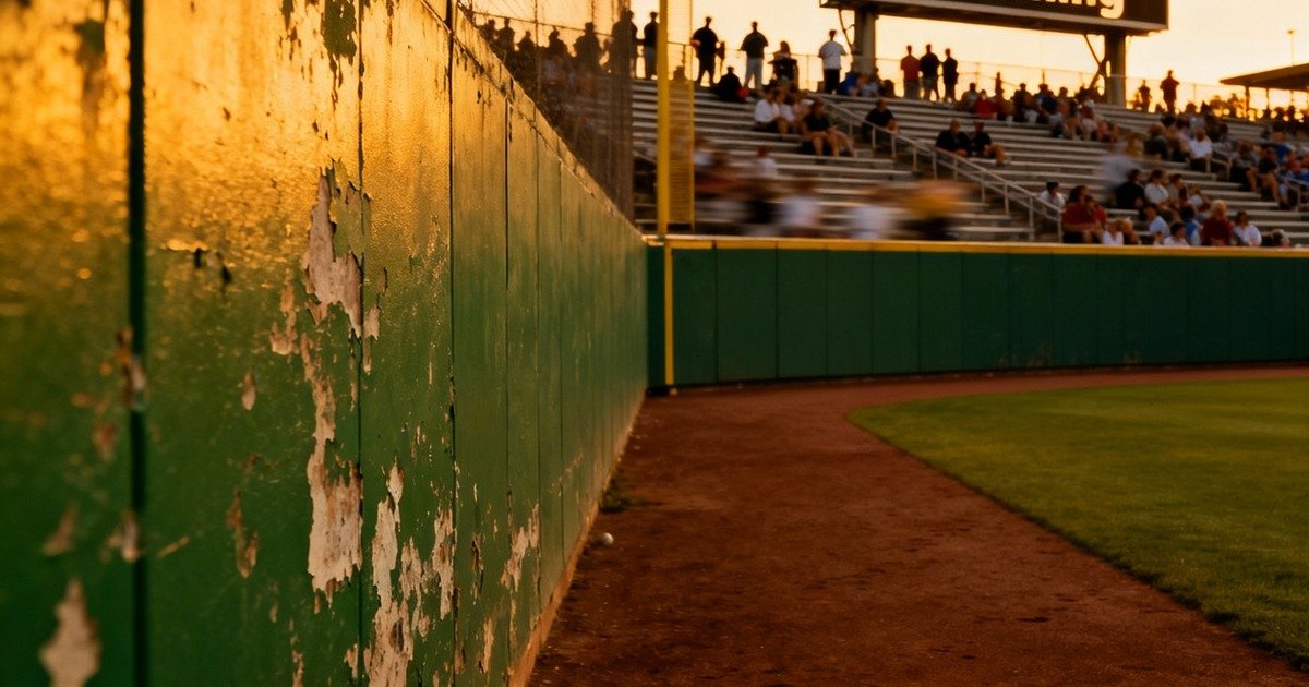 Outfield scoreboard at dusk.