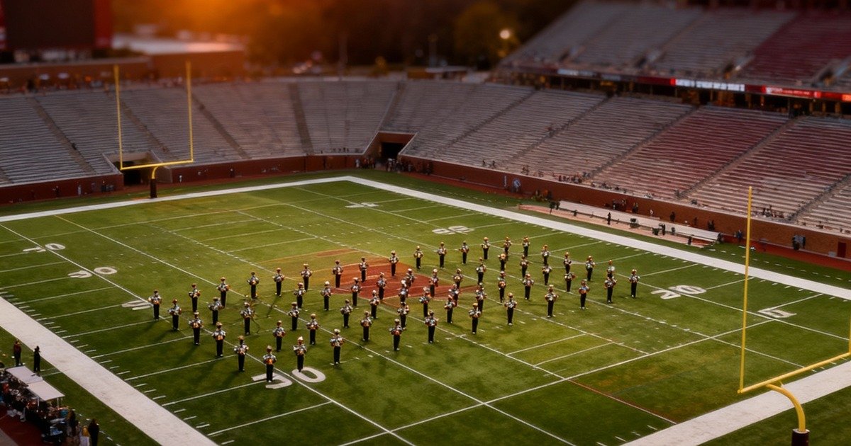 College football stadium at sunset.