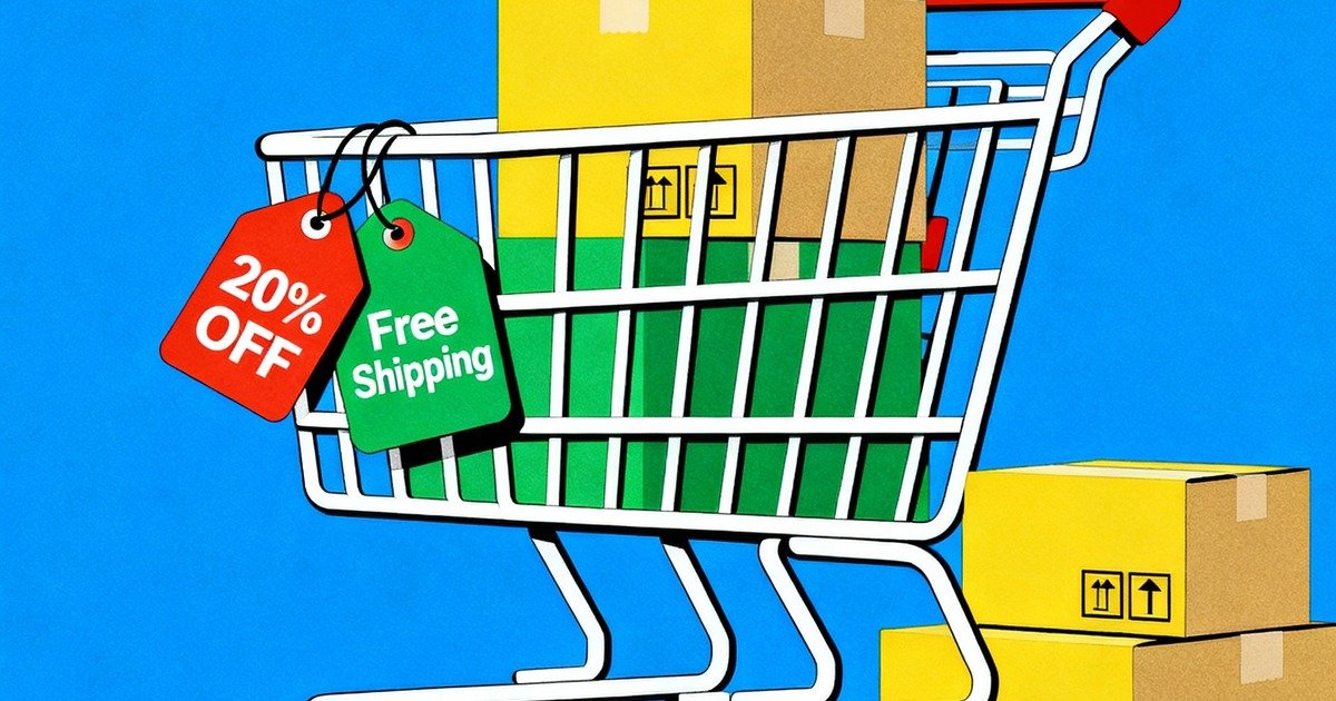 Illustration of an online shopping cart and discount tags.