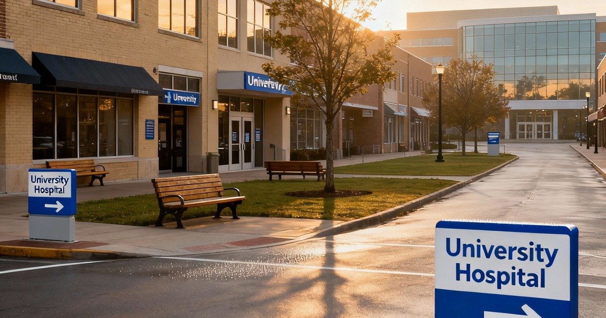 An American downtown with campus and hospital signage.